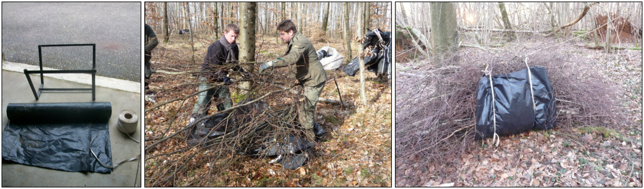 Bundling branches. Left, iron frame, tarpaulin and string for bundling branches (photo: A. Genet); middle, bundling branches in the field (photo: M. Rivoire); right, bundle ready for weighing (photo: M. Rivoire).