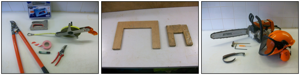 Field equipment. Left, equipment for cutting and labeling aliquots; middle, typical gauges for cutting branches; right, power saw and safety equipment (photo: A. Genet).